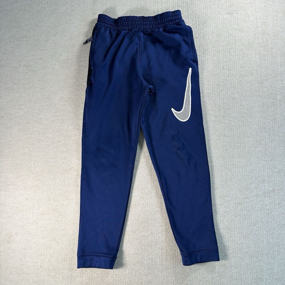 Nike Dri-Fit Boys M Blue Big Swoosh Fleece Lined Joggers Sweat Pants Zip Pocket